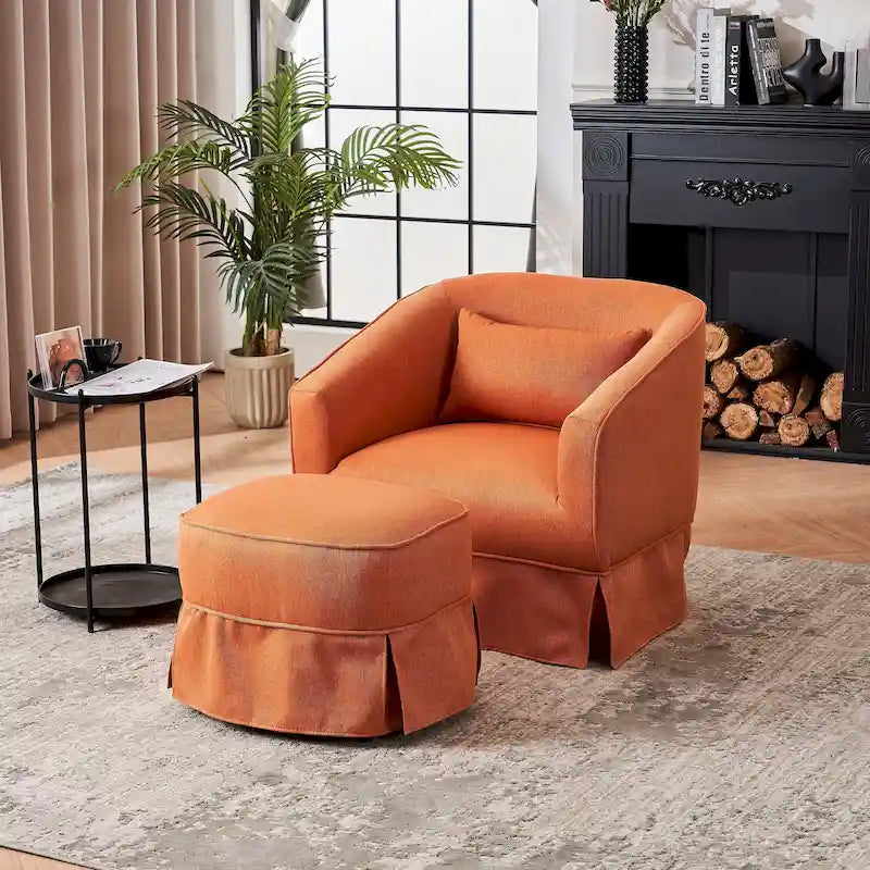 Swivel Barrel Chair with Ottoman and Black Metal Base