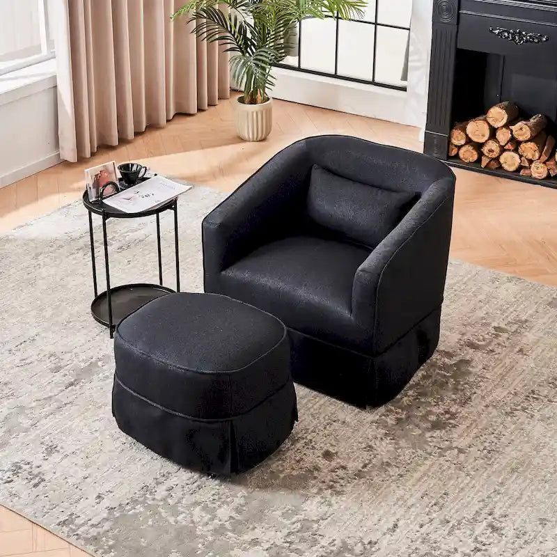 Swivel Barrel Chair with Ottoman and Black Metal Base