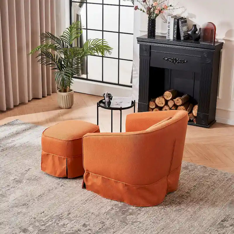 Swivel Barrel Chair with Ottoman and Black Metal Base