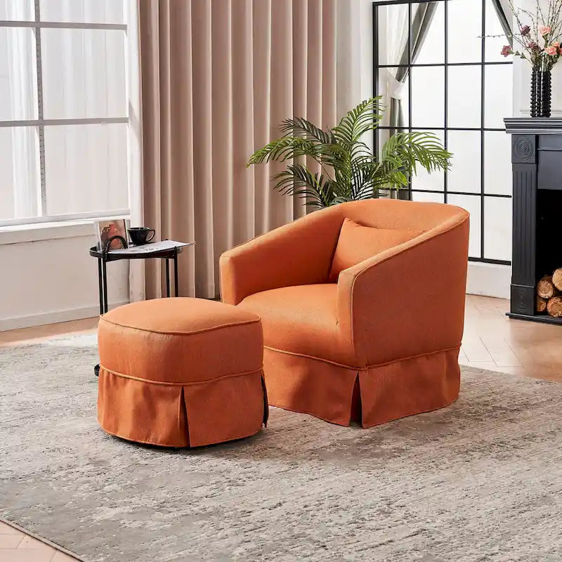 Swivel Barrel Chair with Ottoman and Black Metal Base