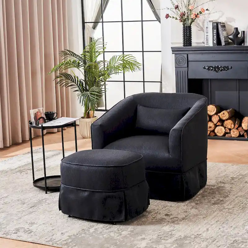 Swivel Barrel Chair with Ottoman and Black Metal Base