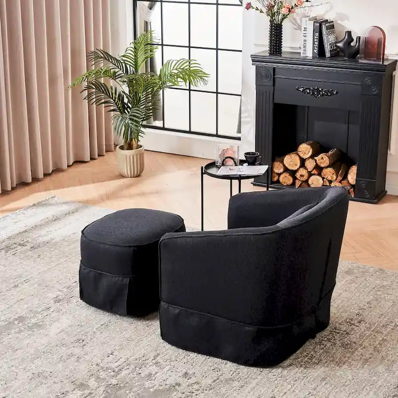 Swivel Barrel Chair with Ottoman and Black Metal Base