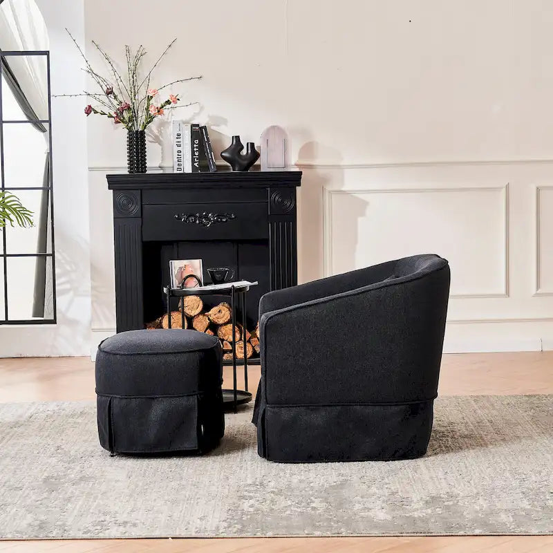 Swivel Barrel Chair with Ottoman and Black Metal Base