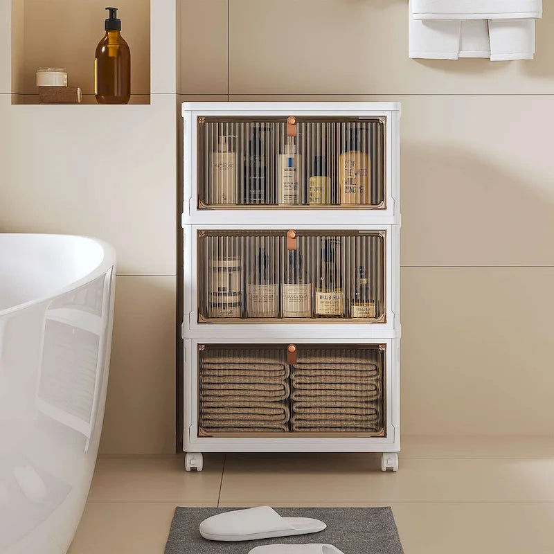 3-Tier Bathroom Storage Cabinet with Lids, Stackable Storage Boxes & Foldable Organizers