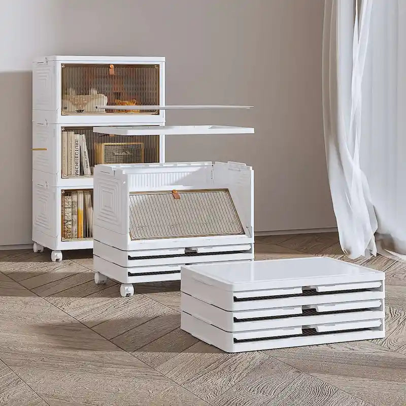 3-Tier Bathroom Storage Cabinet with Lids, Stackable Storage Boxes & Foldable Organizers