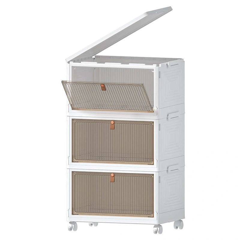 3-Tier Bathroom Storage Cabinet with Lids, Stackable Storage Boxes & Foldable Organizers