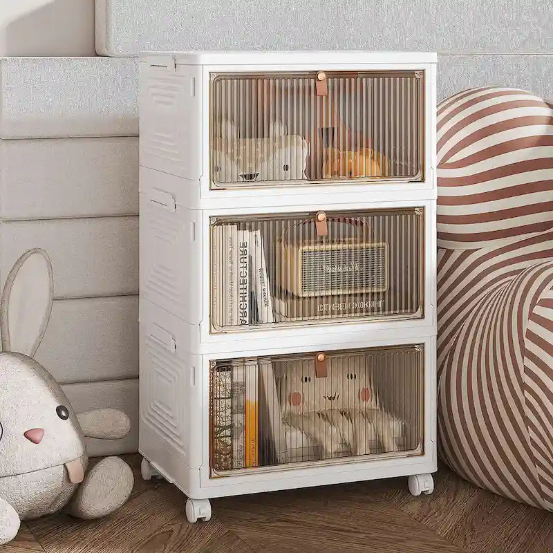 3-Tier Bathroom Storage Cabinet with Lids, Stackable Storage Boxes & Foldable Organizers