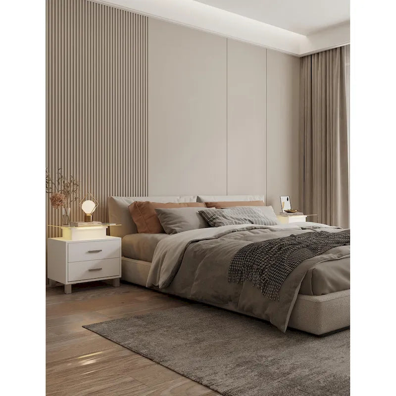 Moderní noční stolek s nabíjecí stanicí a LED osvětlením - 2 zásuvky