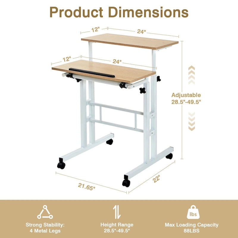 Portable Rolling Desk with Adjustable Height and Wheels