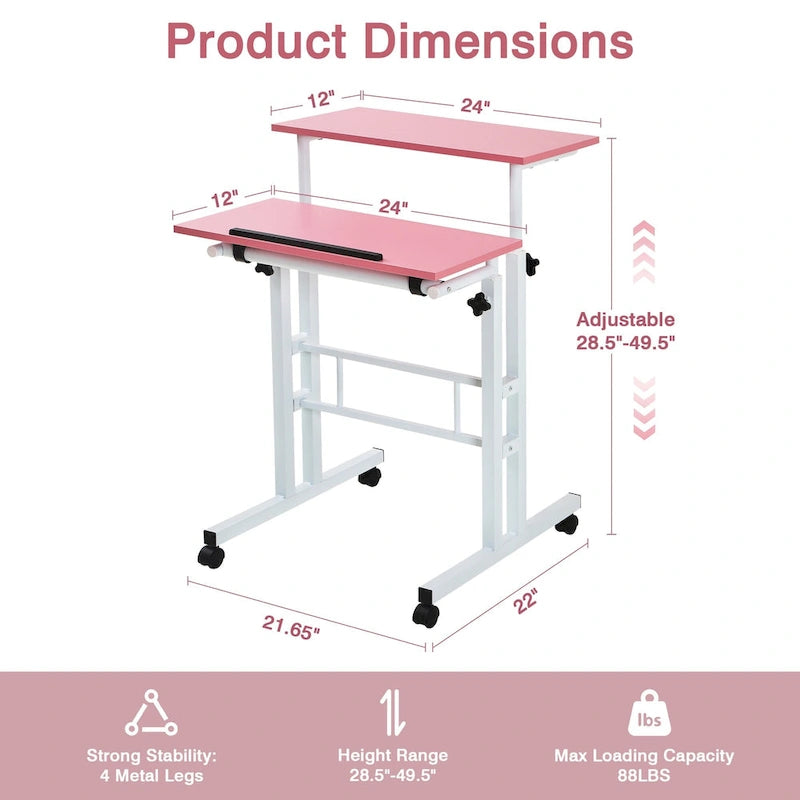 Portable Rolling Desk with Adjustable Height and Wheels