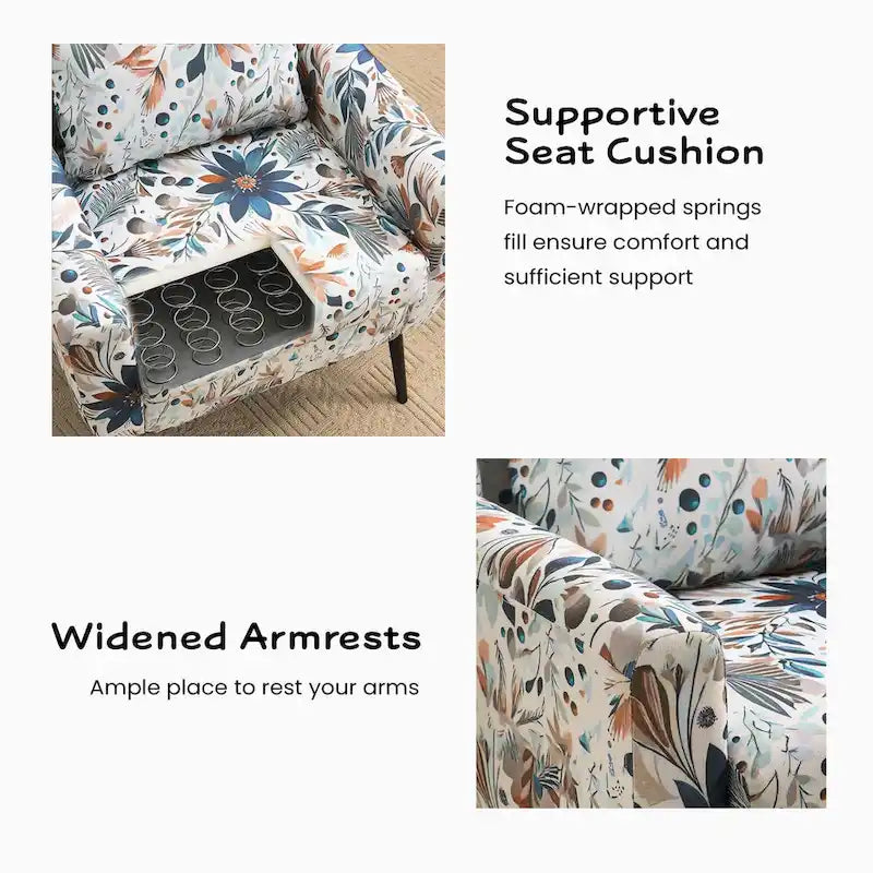 Floral Print Accent Chair, Upholstered Reading Arm Chair for Living Room & Bedroom with Adjustable Metal Legs