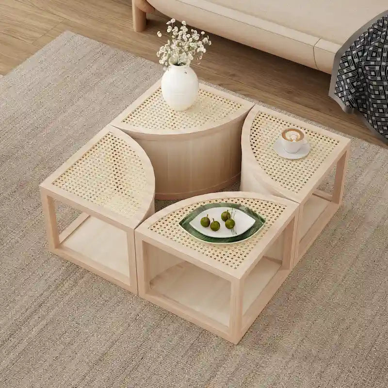 Modular Coffee Table with Rattan Weaving and Storage for Living Room