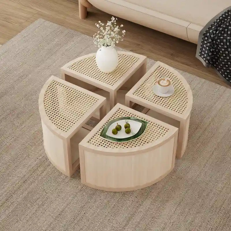 Modular Coffee Table with Rattan Weaving and Storage for Living Room