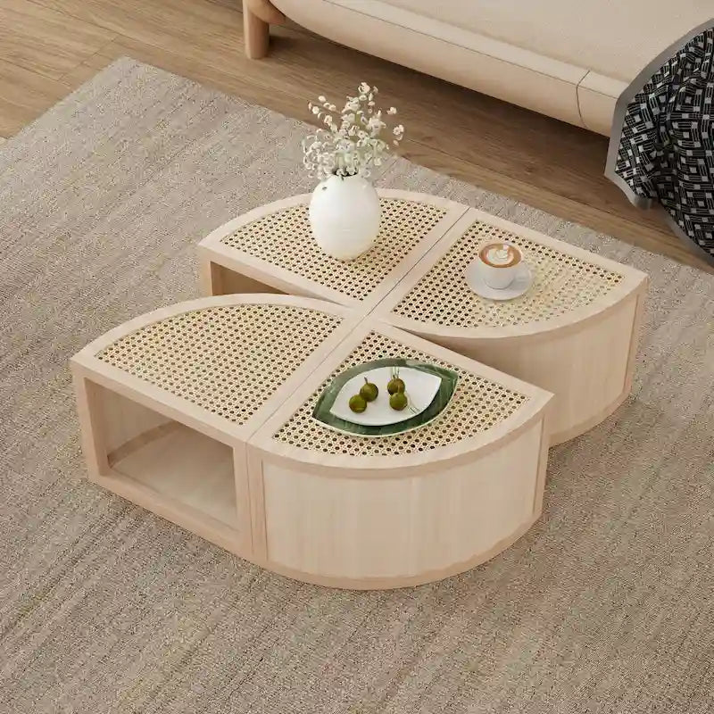Modular Coffee Table with Rattan Weaving and Storage for Living Room