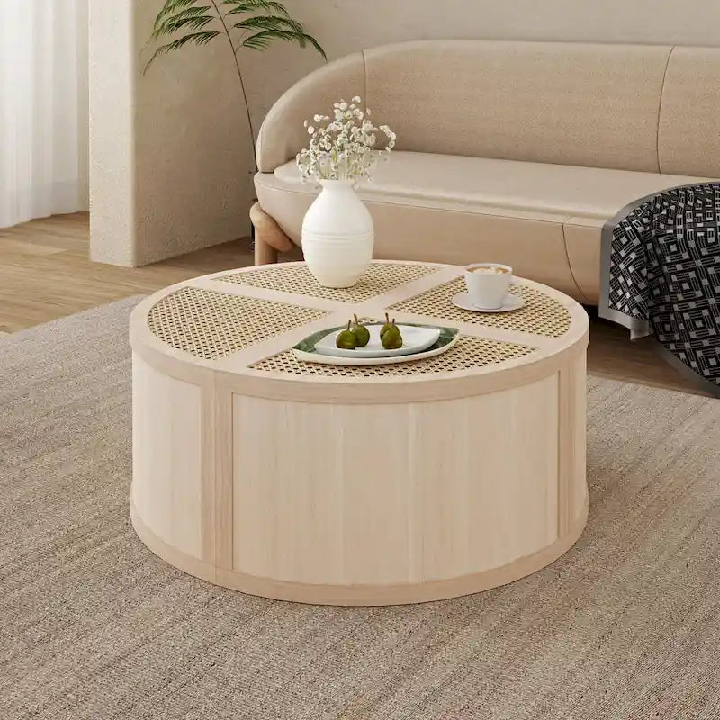 Modular Coffee Table with Rattan Weaving and Storage for Living Room