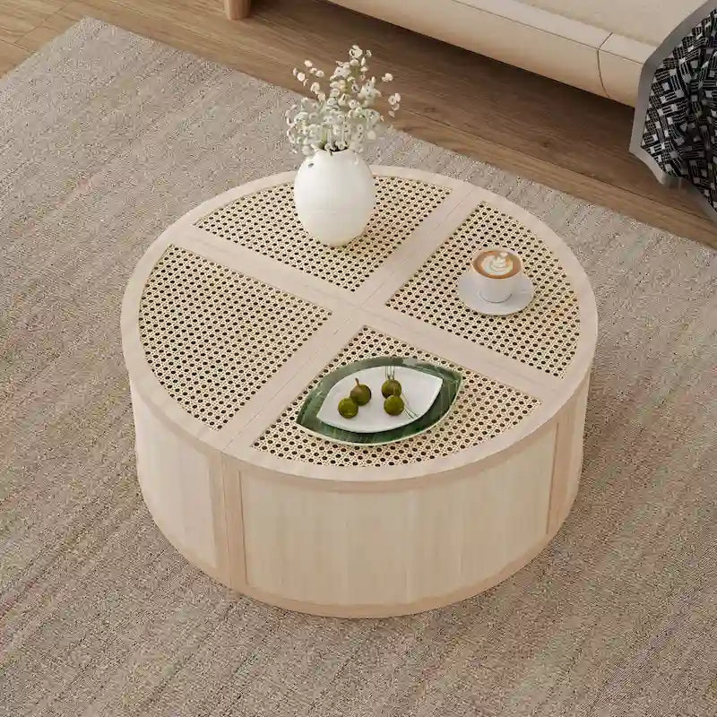Modular Coffee Table with Rattan Weaving and Storage for Living Room