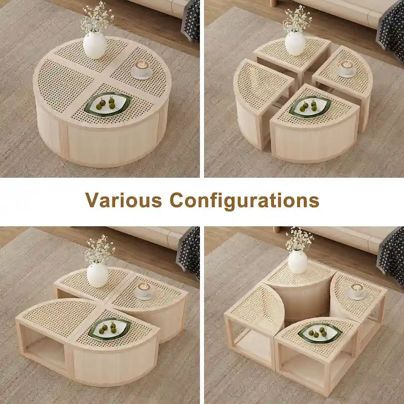 Modular Coffee Table with Rattan Weaving and Storage for Living Room