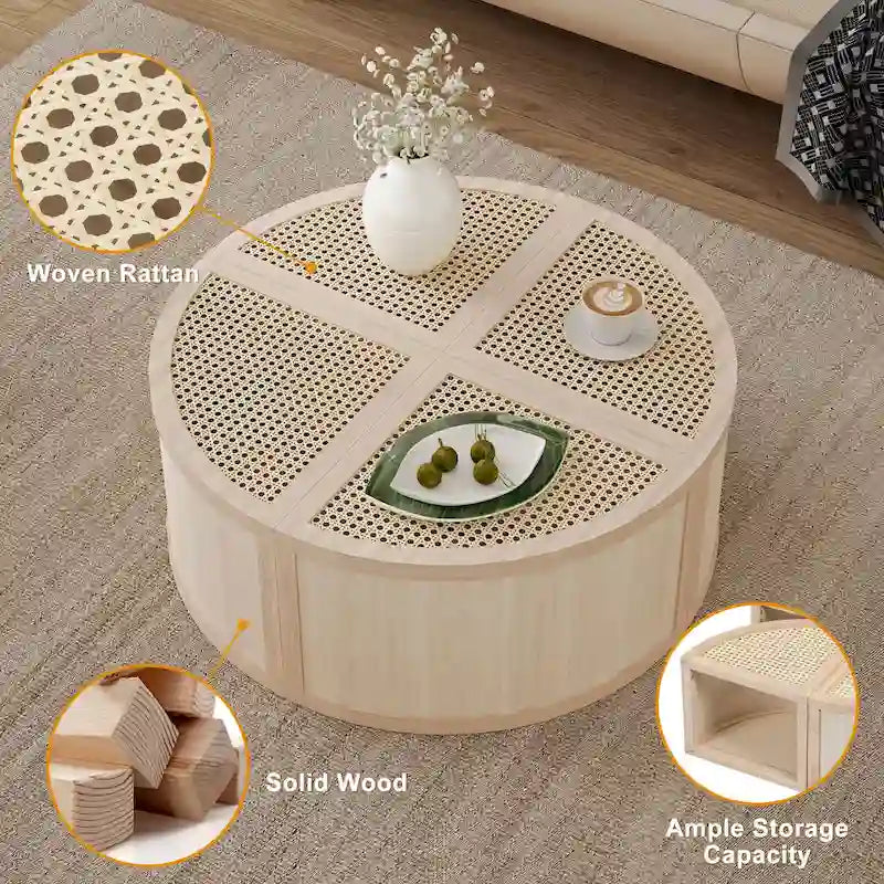 Modular Coffee Table with Rattan Weaving and Storage for Living Room