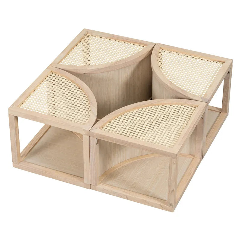 Modular Coffee Table with Rattan Weaving and Storage for Living Room