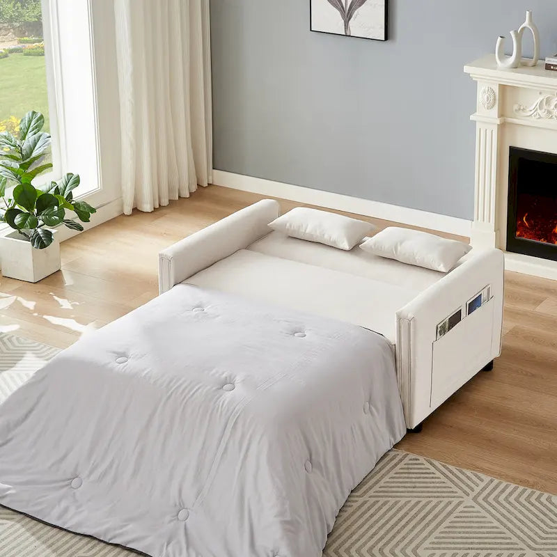 Linen Convertible Loveseat Sleeper Sofa with Adjustable Backrest