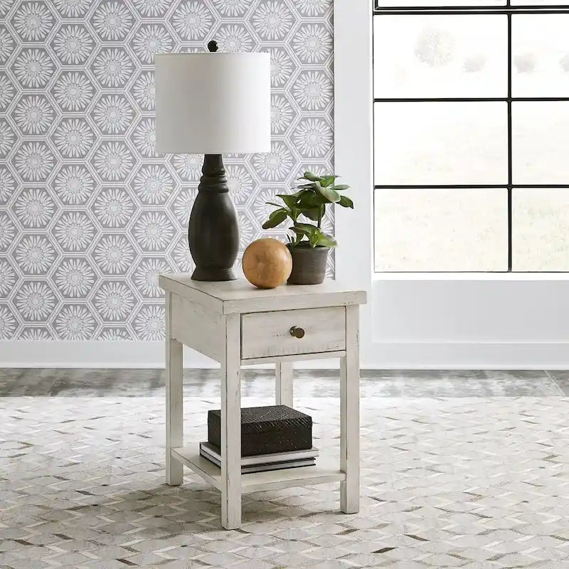 Drawer Chair Side Table with Distressed White Finish