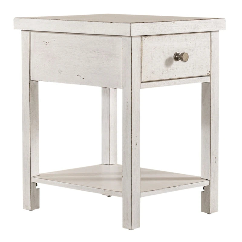 Drawer Chair Side Table with Distressed White Finish
