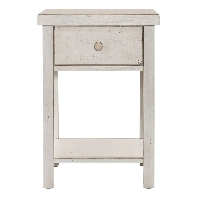 Drawer Chair Side Table with Distressed White Finish