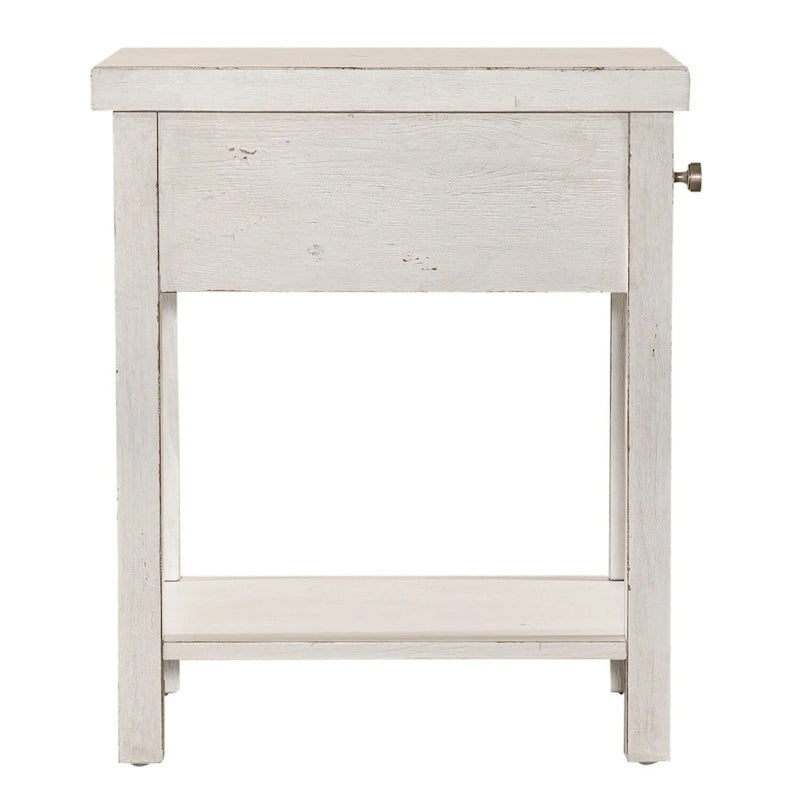 Drawer Chair Side Table with Distressed White Finish