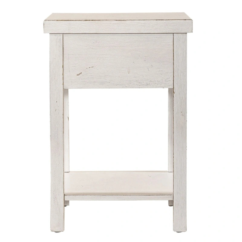 Drawer Chair Side Table with Distressed White Finish