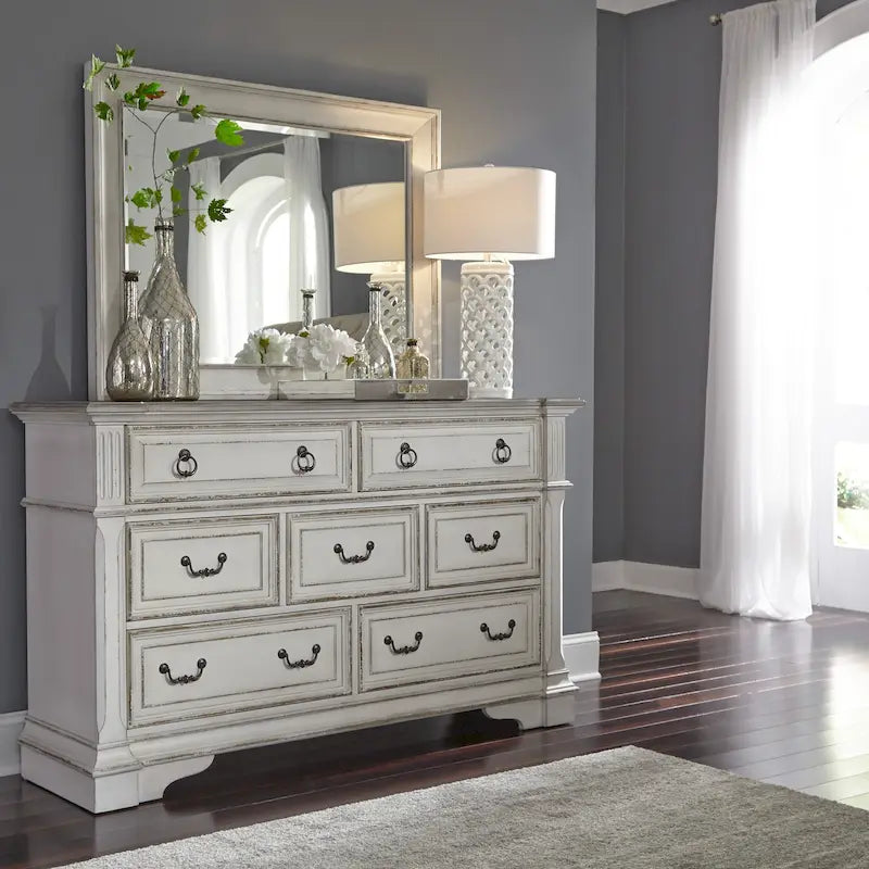 Weathered Brown & Antique White 7-Drawer Dresser & Mirror