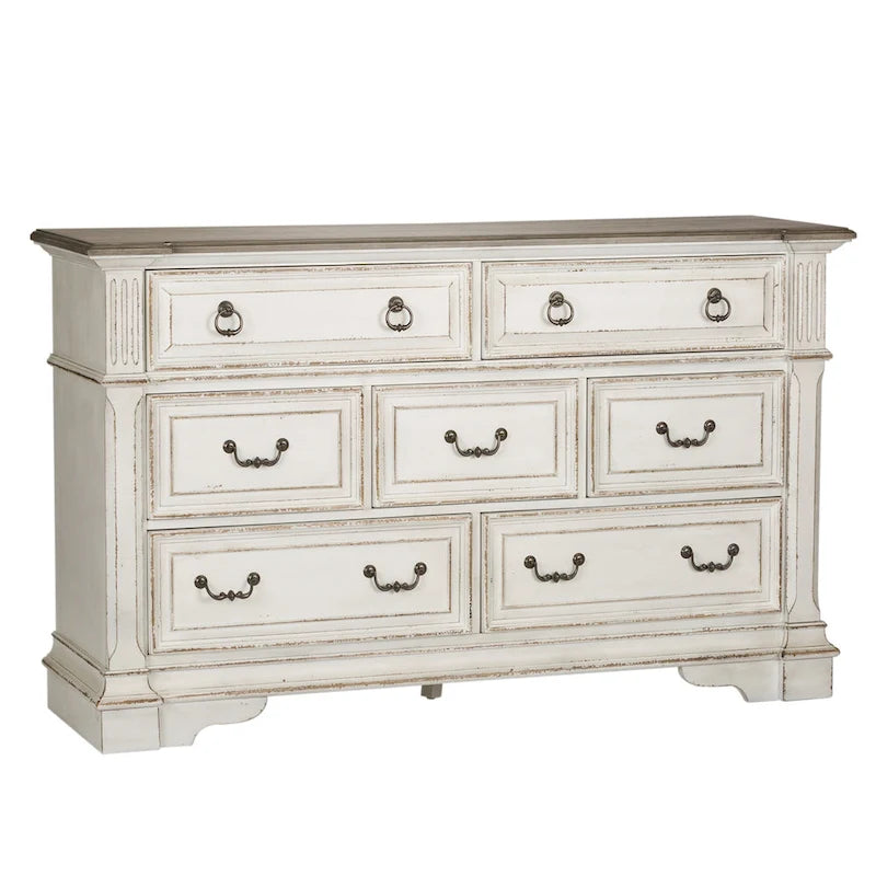 Weathered Brown & Antique White 7-Drawer Dresser & Mirror
