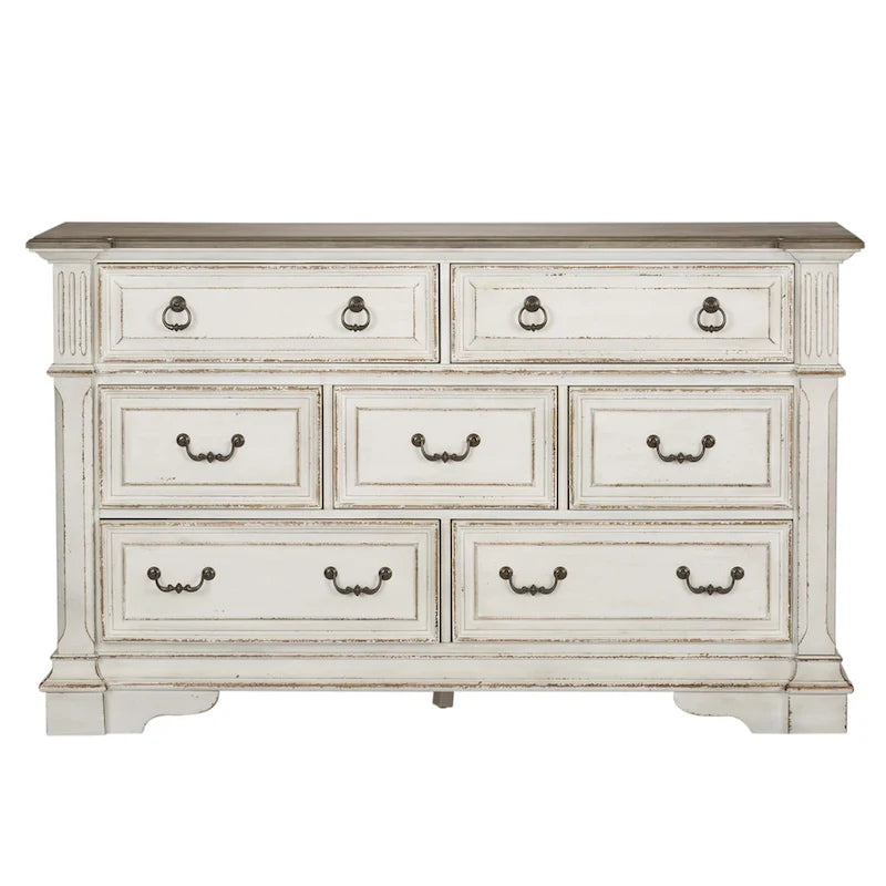 Weathered Brown & Antique White 7-Drawer Dresser & Mirror