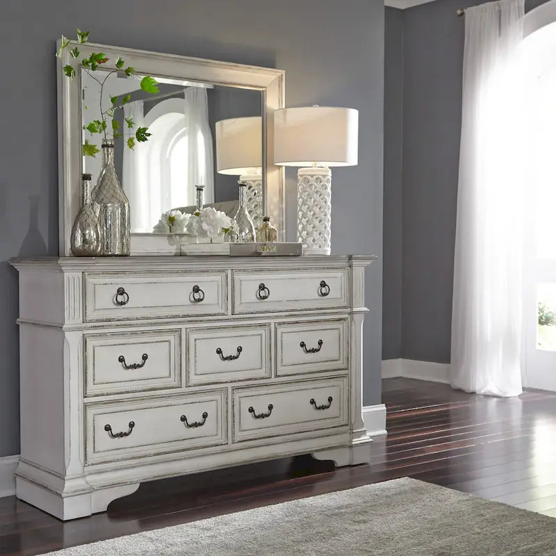 Weathered Brown & Antique White 7-Drawer Dresser & Mirror