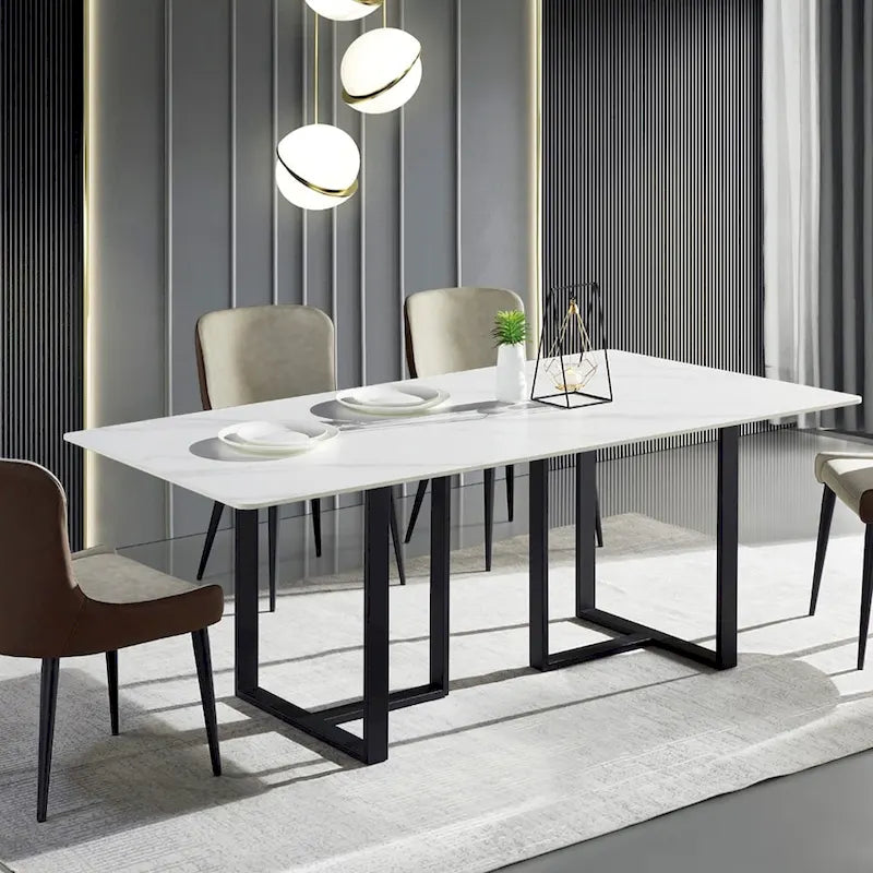 63" Rectangular Stone Dining Table with Black Metal Frame