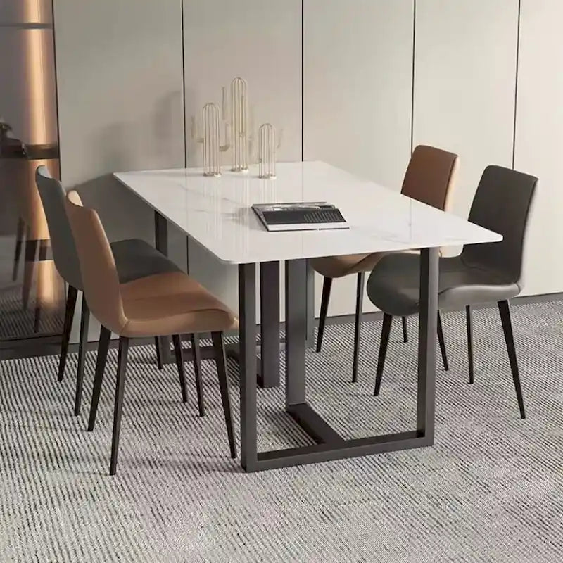 63" Rectangular Stone Dining Table with Black Metal Frame