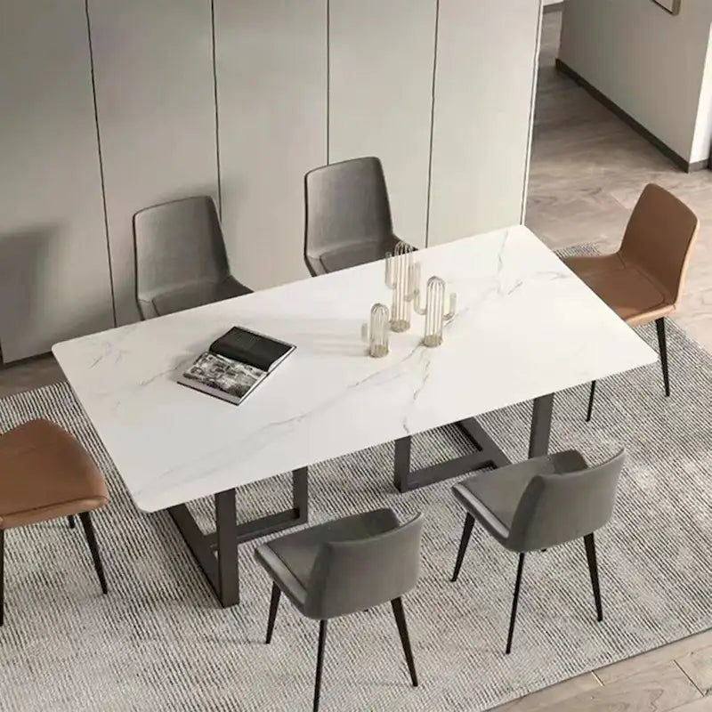 63" Rectangular Stone Dining Table with Black Metal Frame