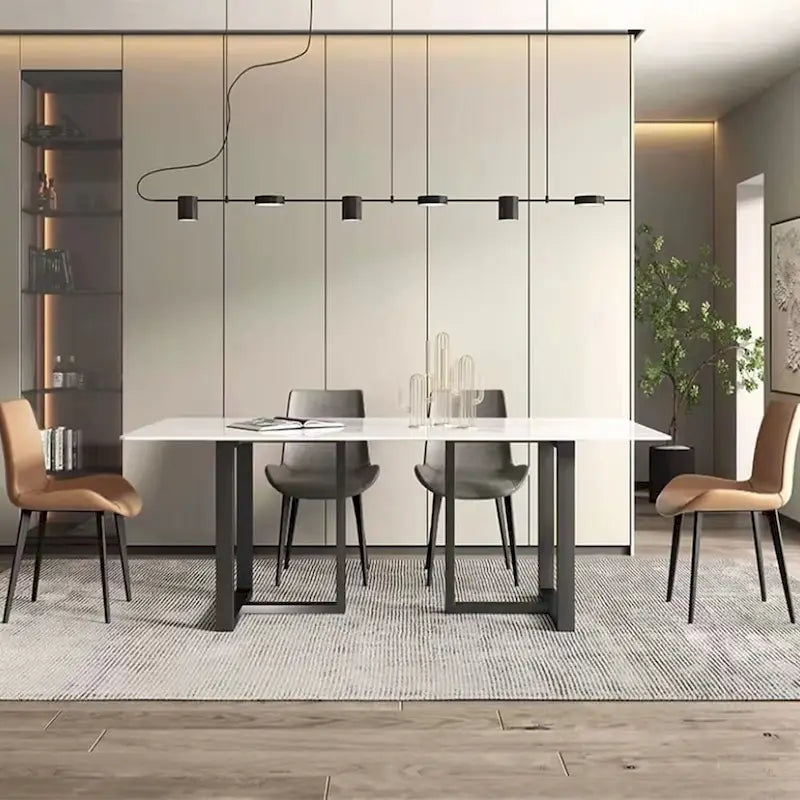 63" Rectangular Stone Dining Table with Black Metal Frame