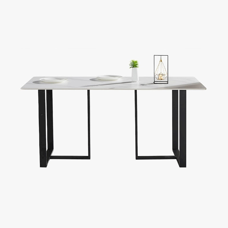 63" Rectangular Stone Dining Table with Black Metal Frame