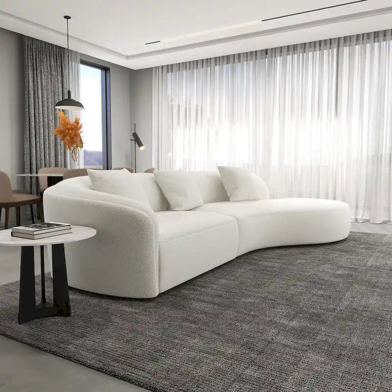 Mid-Century Modern French Boucle Curved Sofa