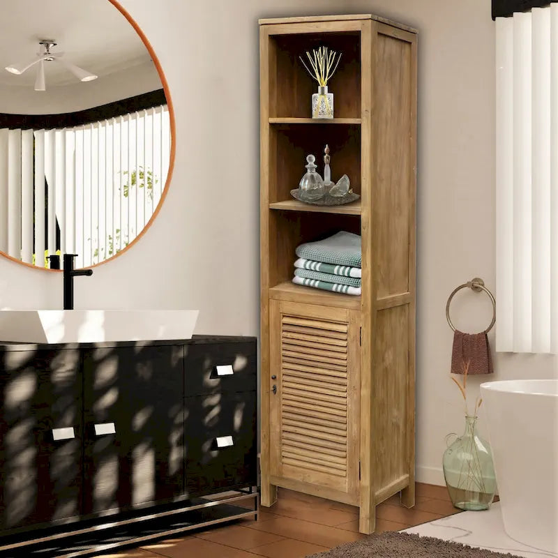 Hochformatiger Badezimmer-Wäscheschrank aus recyceltem Teakholz mit 1 Tür und 3 Einlegeböden