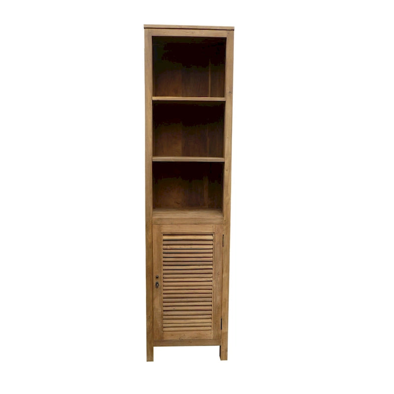 Hochformatiger Badezimmer-Wäscheschrank aus recyceltem Teakholz mit 1 Tür und 3 Einlegeböden
