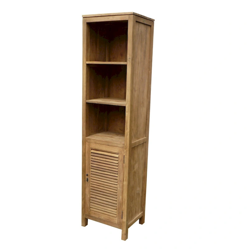 Hochformatiger Badezimmer-Wäscheschrank aus recyceltem Teakholz mit 1 Tür und 3 Einlegeböden