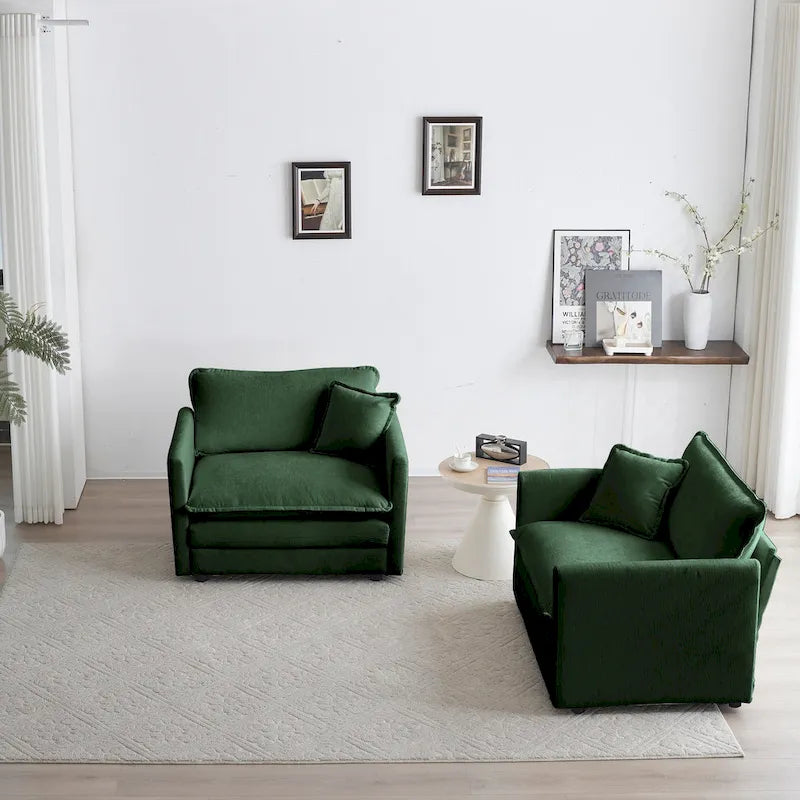 Accent Chair Set of 2, Chenille Upholstered Armchairs, Living Room Side Chairs with Toss Pillow, Green