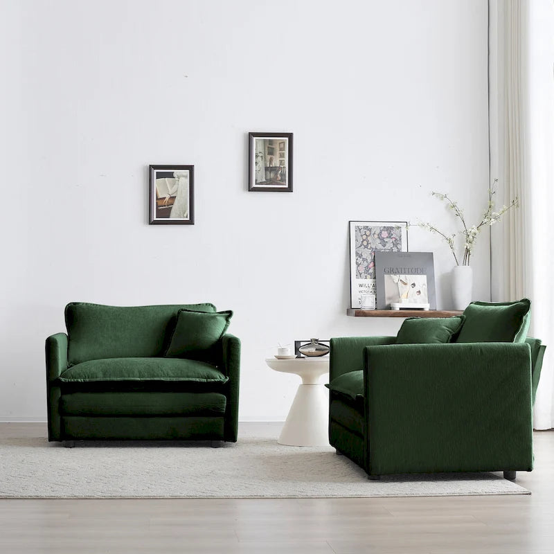Accent Chair Set of 2, Chenille Upholstered Armchairs, Living Room Side Chairs with Toss Pillow, Green