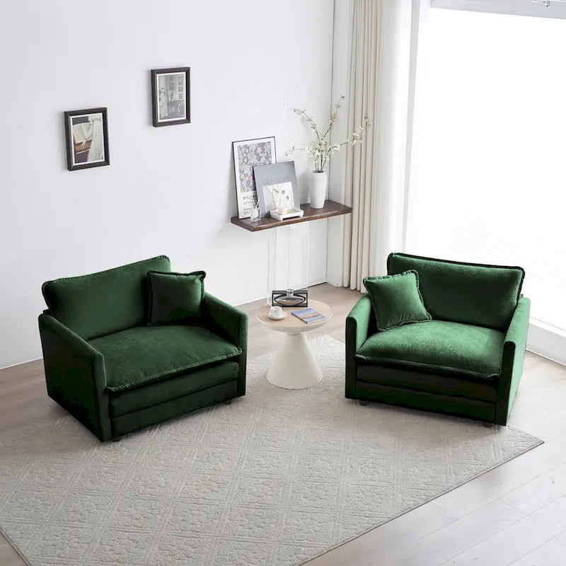 Accent Chair Set of 2, Chenille Upholstered Armchairs, Living Room Side Chairs with Toss Pillow, Green