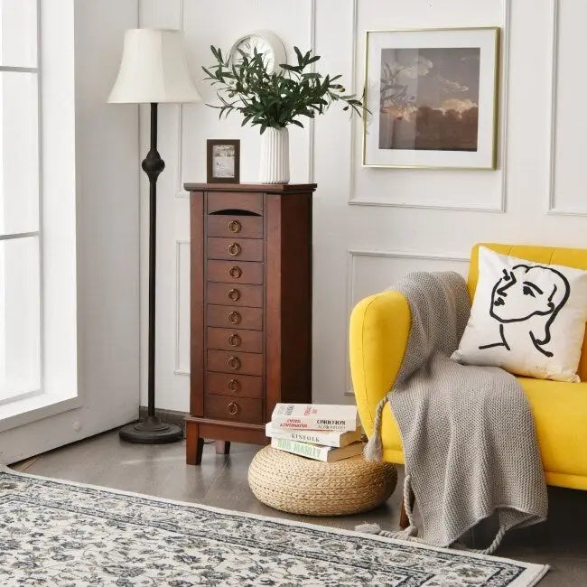 Standing Jewelry Cabinet with Flip-Top Mirror & 9 Drawers