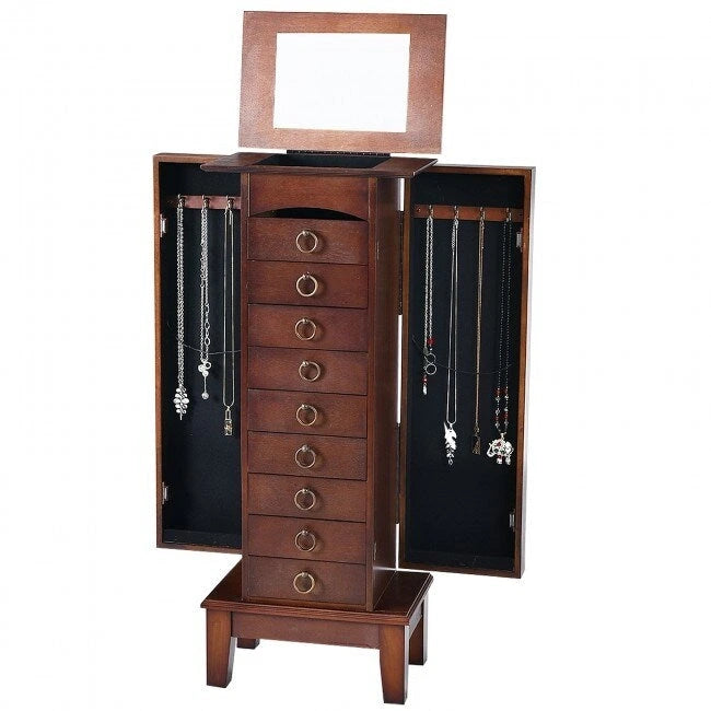 Standing Jewelry Cabinet with Flip-Top Mirror & 9 Drawers