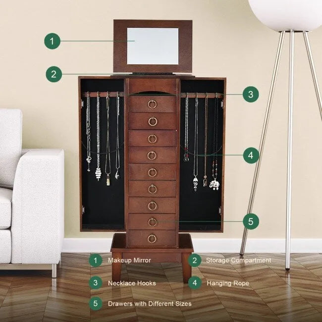 Standing Jewelry Cabinet with Flip-Top Mirror & 9 Drawers