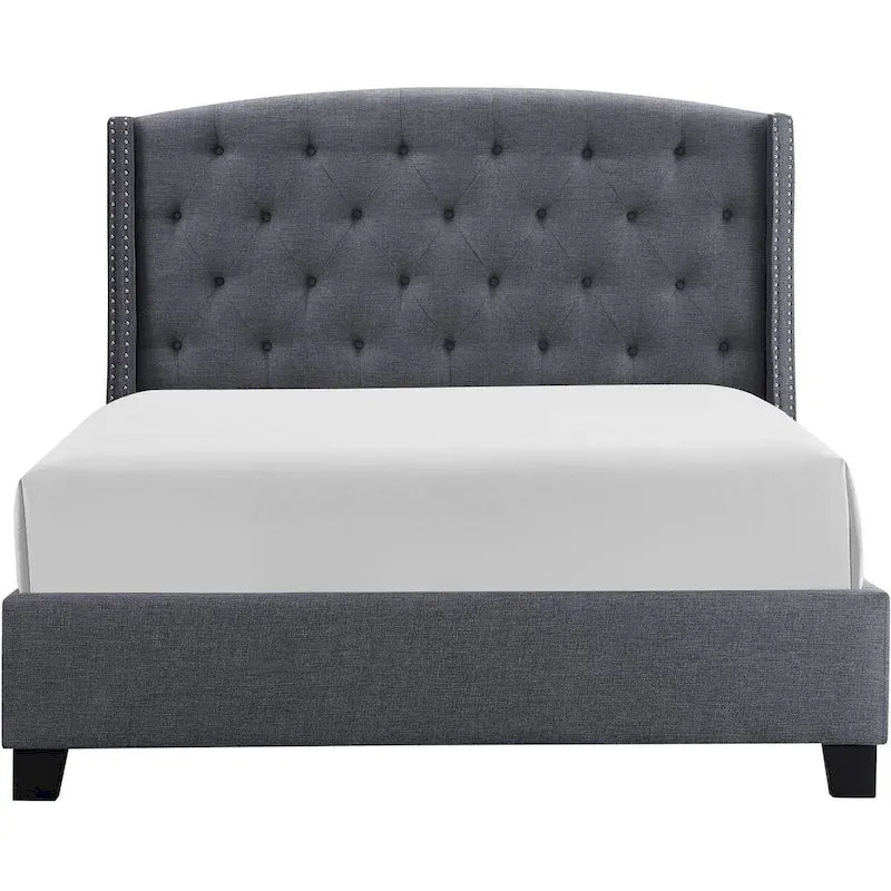 King Size Bed, Low Profile, Button Tufted Upholstered Headboard, Gray