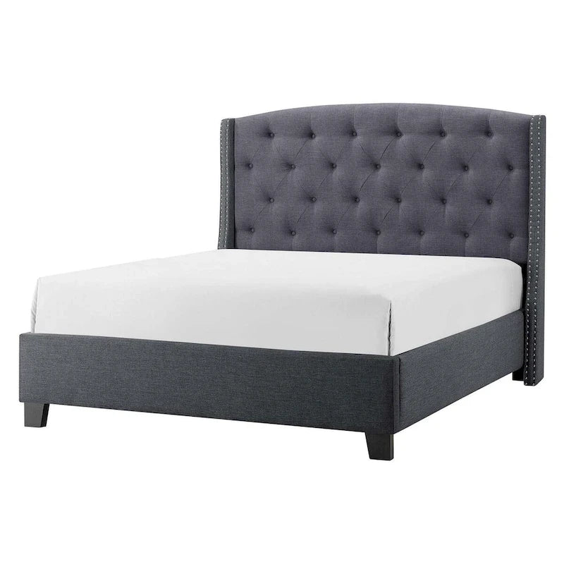 King Size Bed, Low Profile, Button Tufted Upholstered Headboard, Gray
